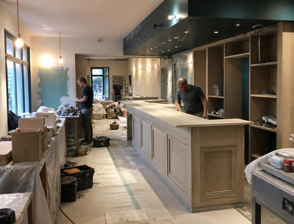 Artisans aménageant l'intérieur d'un restaurant